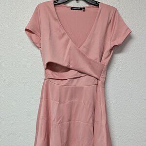 Hippie Chic Peach Short Sleeves V-Neck Low Cut Cross-over Mini A-line Dress